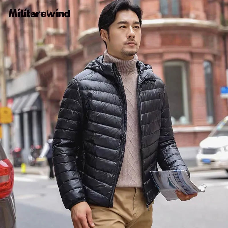 Autumn winter white down jacket mens ultra light solid color upright hook and loop windproof mens down jacket large S-6XL 240826