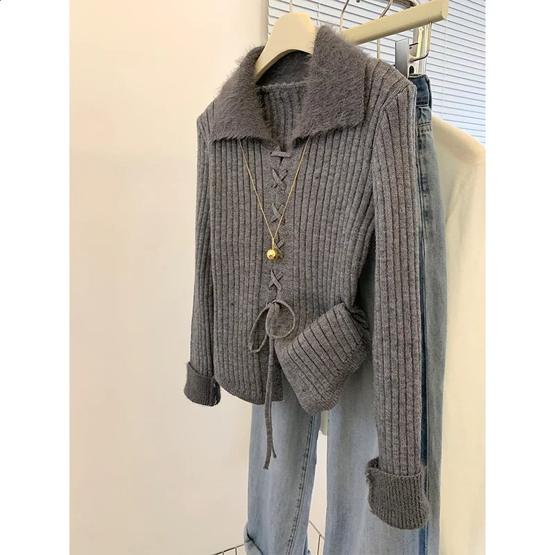Autumn Winter Women Solid Knitwear Jumper Slim Long Sleeve Plush Turn-Down Collar Gyaru Knitted Pullover Japanese Fashion 240826