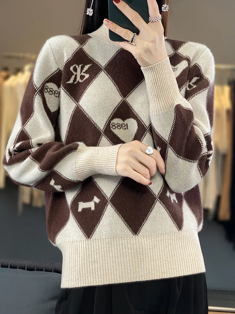 2024 Autumn Winter Womens Cashmere Sweater 100% Merino Wool Knitted Diamond Plaid Soft Pulled Plain Neck Comfortable Top 240826