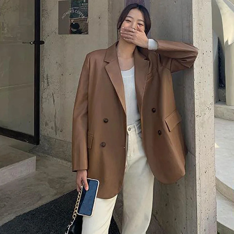 Automne Fashion Pu Leather Veste Femmes de style coréen Ladies décontractées verts en cuir noir Blazer Blazer Streetwear 240824