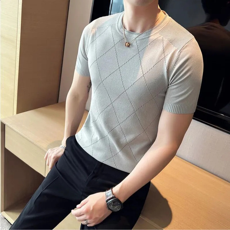 Top Knitted Elastic T-shirt Mens O-neck Short Sleeve Casual Slimming Sweater Top T-shirt Social Club T-shirt S-3XL 240824