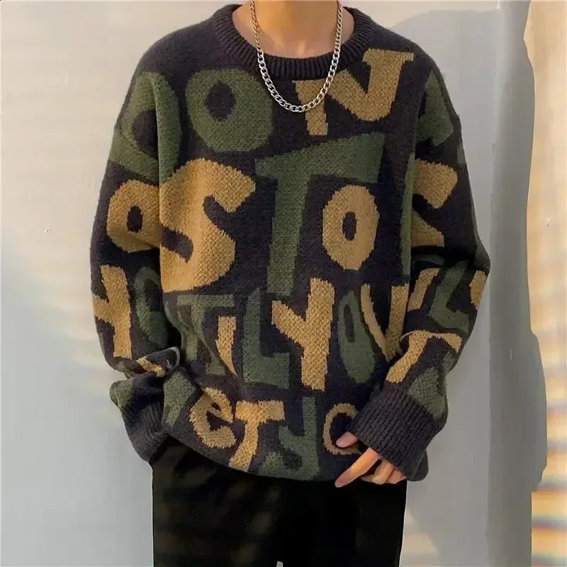 Mens clothing outerwear mens collar jacket knitted sweater mens round neck letter pull-out large size winter 2024 thick top trend 240826