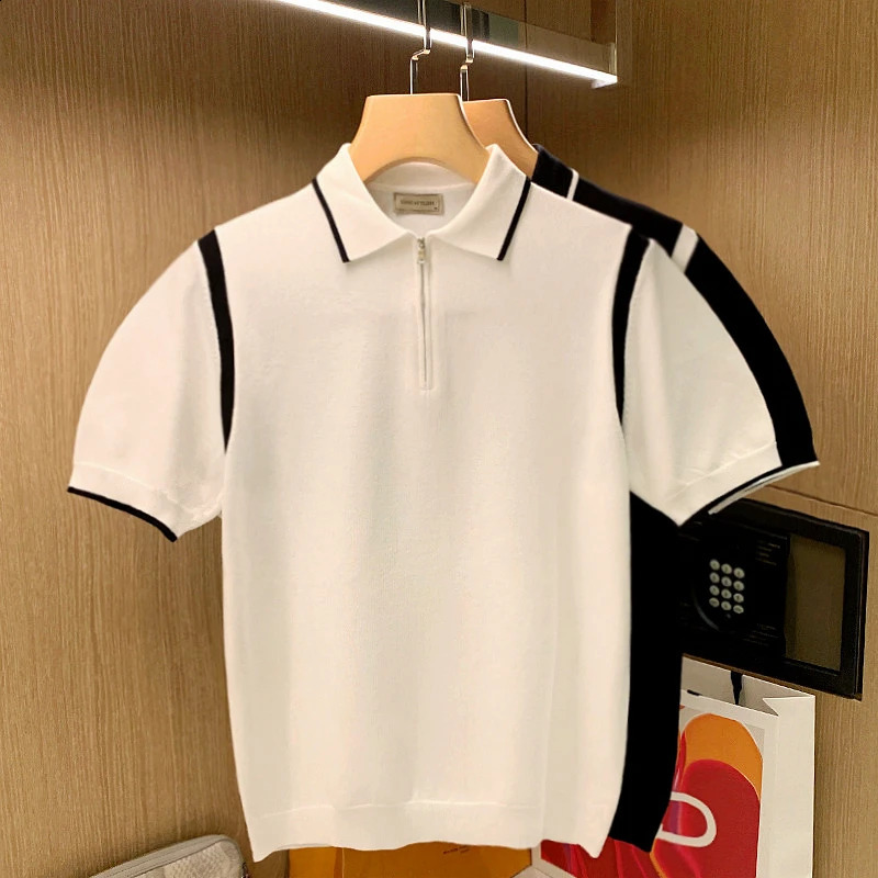High end mens knitted polo shirt 2024 summer item lapel striped zipper half sleeve solid breathable T-shirt business knitted C38 240824