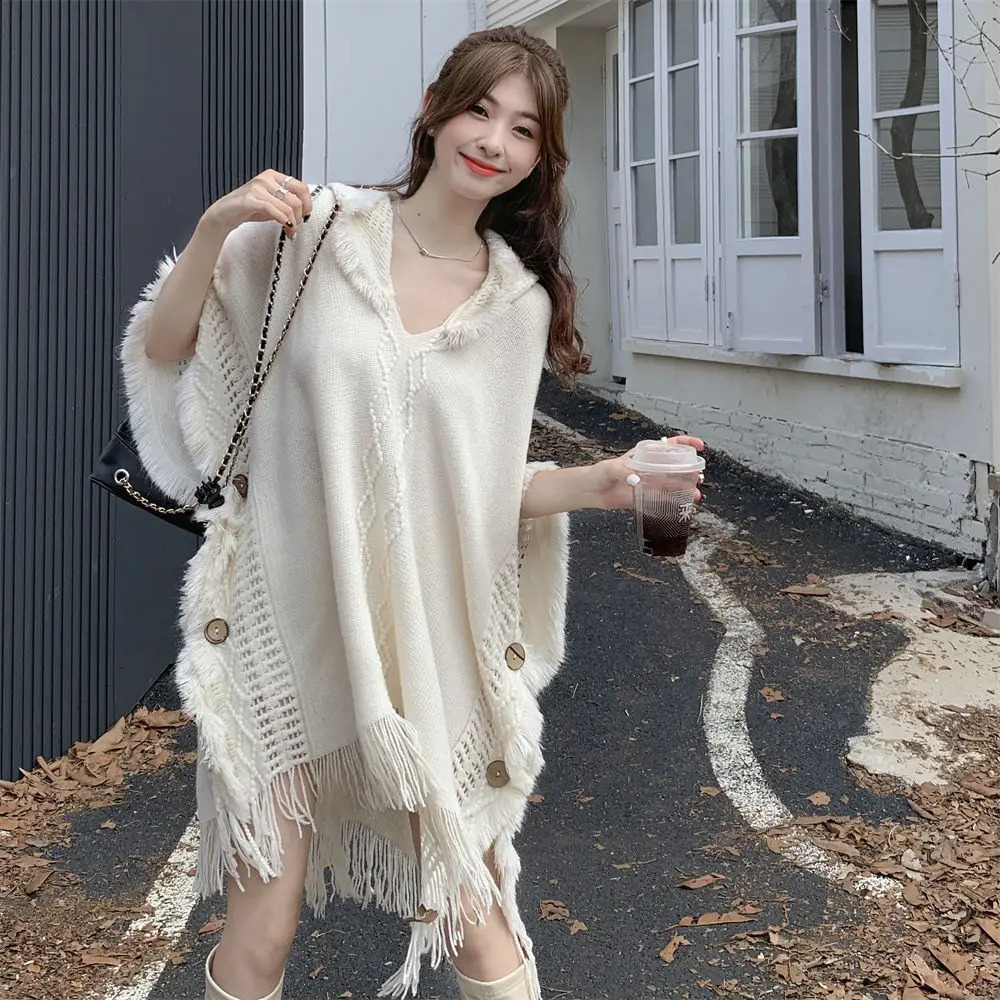 Women Knitted Cape Solid Color Shawl Wrap Cloak Ethnic Hooded Poncho Bohemian Hoody Jumper Sweater Tassels Tourism Dresses 240824