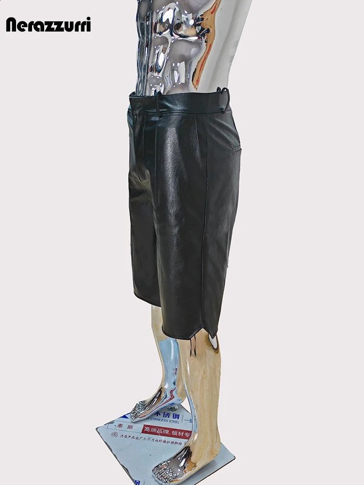 Mauroicardi Summer Autumn Cool Handsome Waterproof Black Pu Leather Shorts for Men High Waist Short Straight Pants Clothes 2024 240824