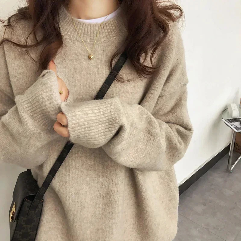 Vintage Women Solid Sweaters Autumn Winter O Neck Long Sleeve Pullovers Tops Korean Fashion Soft Thick Oversized Knitted Sweater 240824