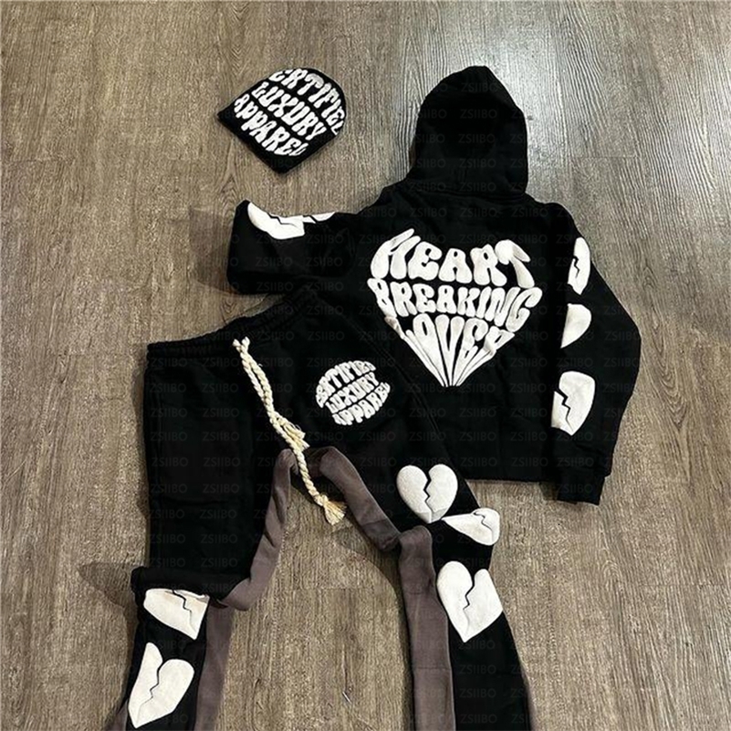 Y2K hoodie Foam Printed Hooded Sweatshirt Jacketed Letter Heart Pattern Long Sleeved Unisex Clothing Men Women Top Sweatpants y240824