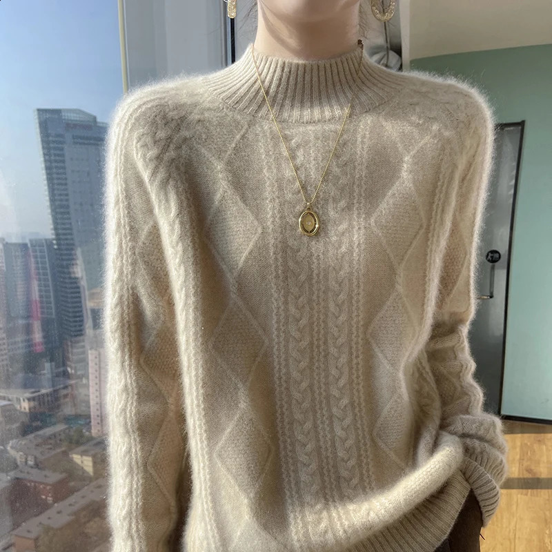 autumn and winter 100% merino wool womens semi-high neck diamond thick twist knitted cashmere sweater loose pullover 240824