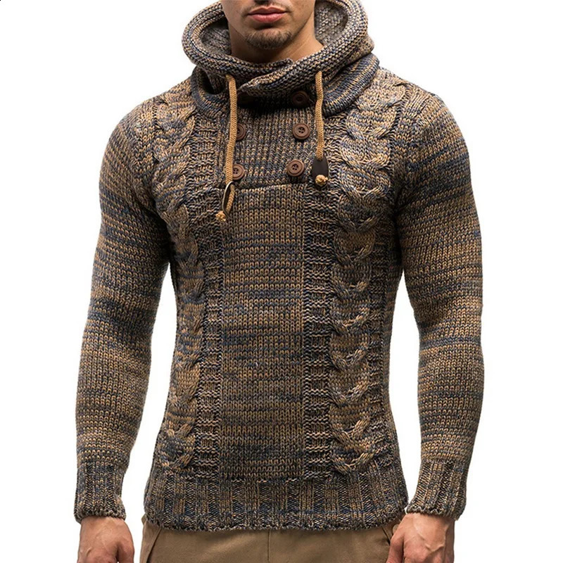 Mens fashion solid color knitted hooded sweater O-neck long sleeved slim fit floral top for autumn and winter 240824