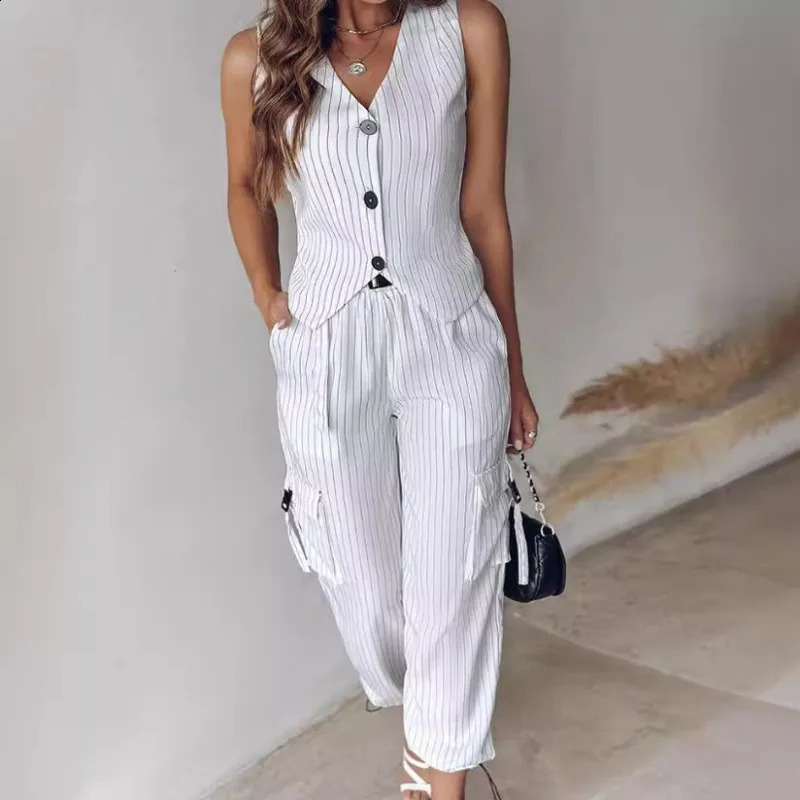 2024 Women Spring Summer Elegance Simplicity Fashion Casual Stripe Printed Vest Long Pants Clothes Set 240824