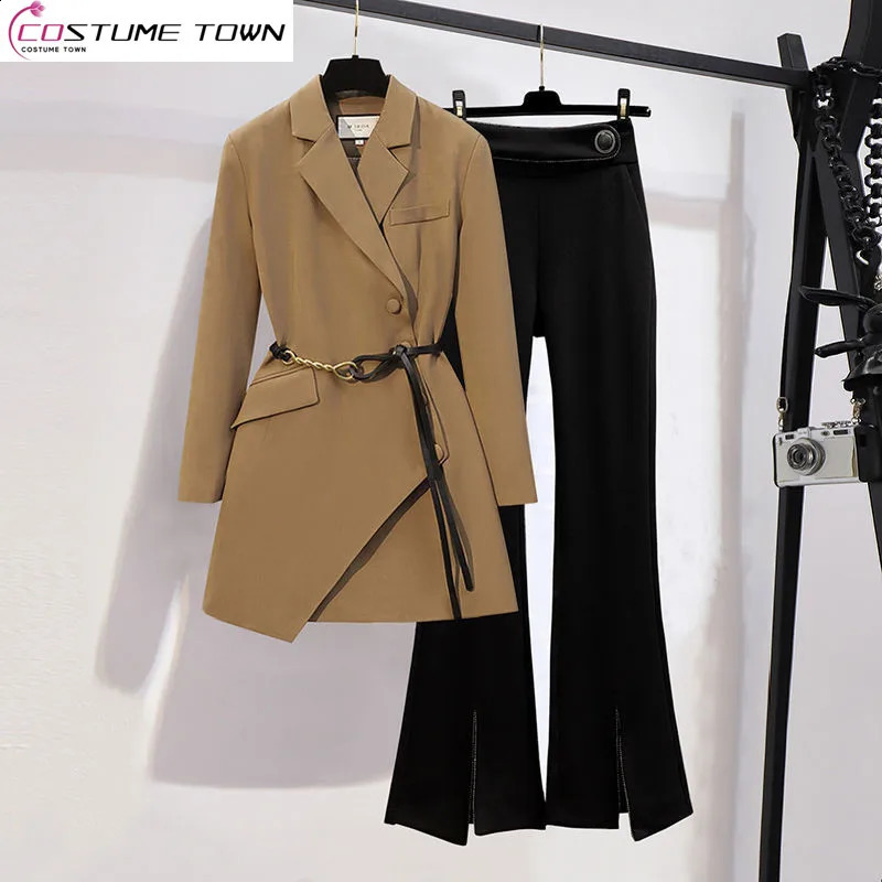 Belt decoration asymmetrical ultra-thin jacket casual flange pants two elegant womens pants set office manager set 240824