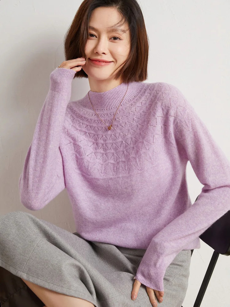 Autumn and Winter Plain Collar Pullover Womens Sweater 100% Merino Wool Solid Hollow Soft Cashmere Knitted Womens Clothing Top 240826