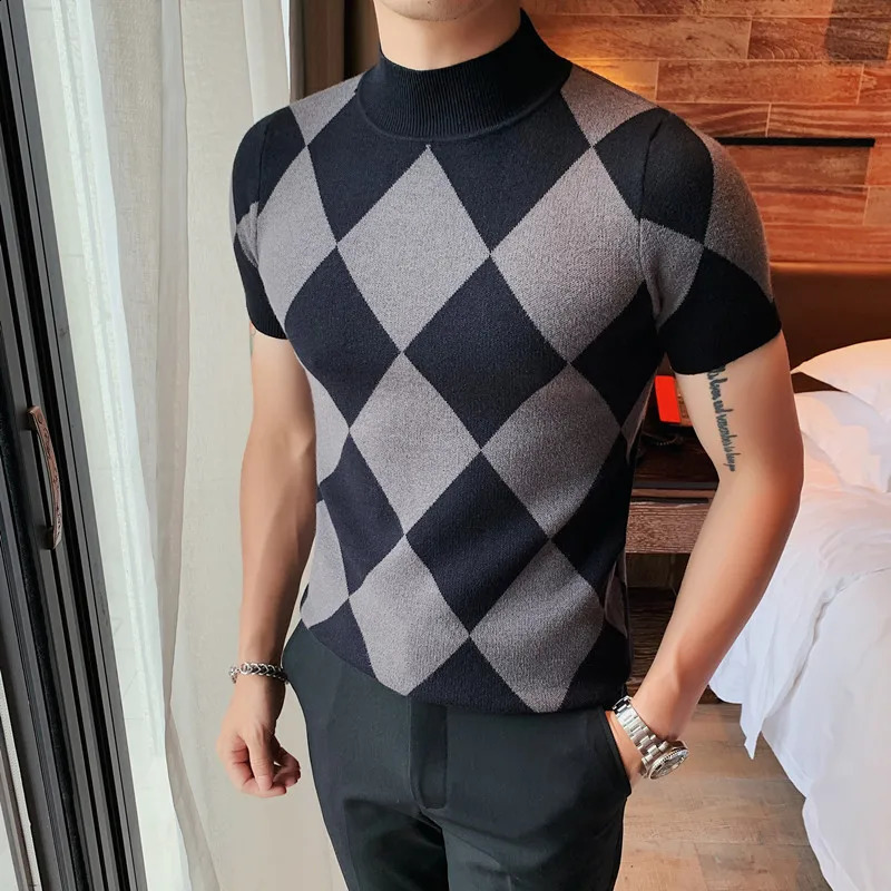 mens short sleeved sweater autumn fashion diamond checkered turtle neck sweater mens fully matched knitted pull-out 240824