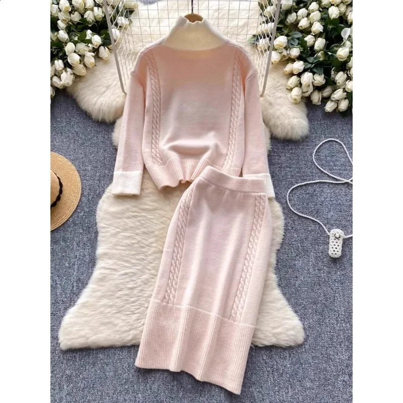 Korean Skirts Set Autumn Winter Turtleneck Loose Sweater Pullover Longsleeved Knit Tops Tight Skirt Women Twopiece Sets 240824