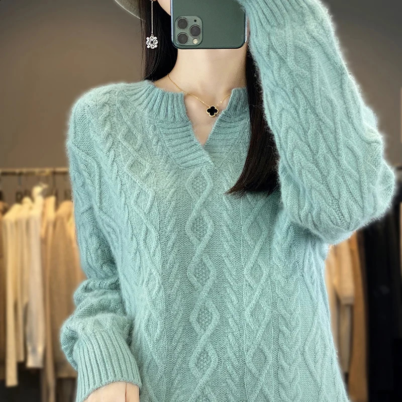 Womens pure mink cashmere sweater small V-neck zipper diamond twisted knitted sweater long sleeved thick warm autumn winter 240826