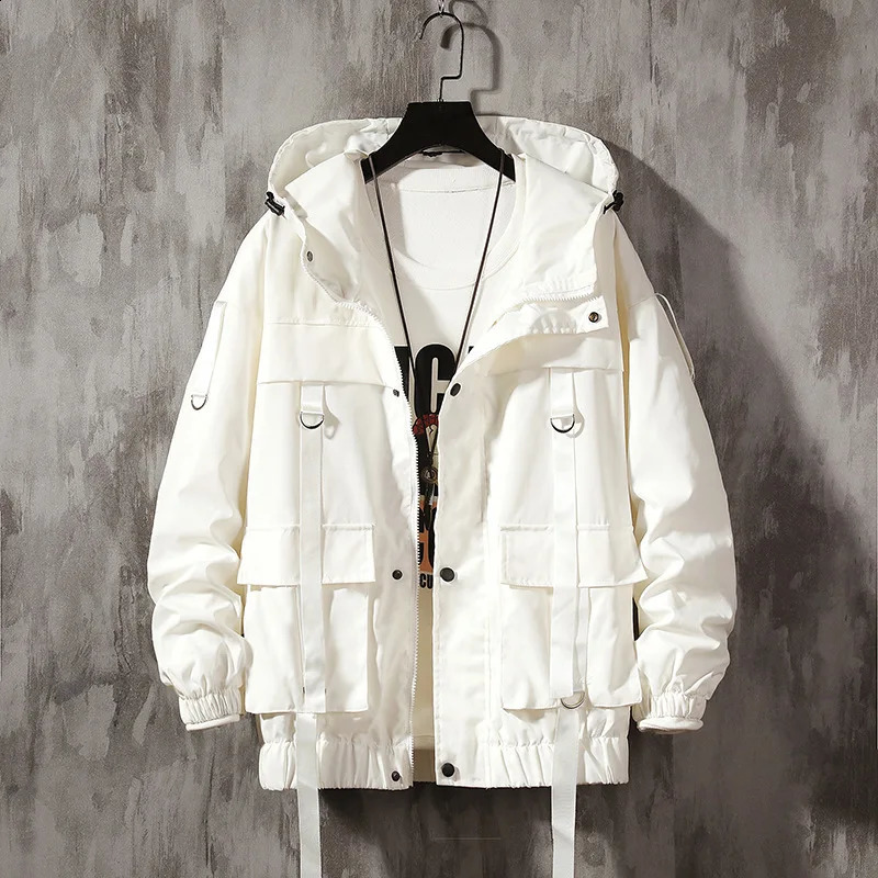 Prowow Spring Autumn Men Fashion Mens Overalls Jacket Ribbons Pocket Coat Loose Hip Hop Streetwear Wind Jacket M-3XL 240826