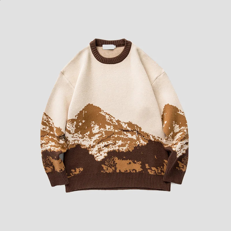 Mens Hip Hop Pulleys Street Clothing Harajuku Sweater Retro Snow Mountain Knitted Sweater Winter Casual Pullover Knitwear Size XXL 240826
