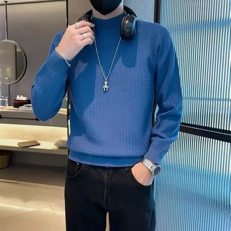 Mens solid color half neck knitted sweater mens clothing blue floral pattern turtle neck Korean autumn loose fit suitable for knitting 240824