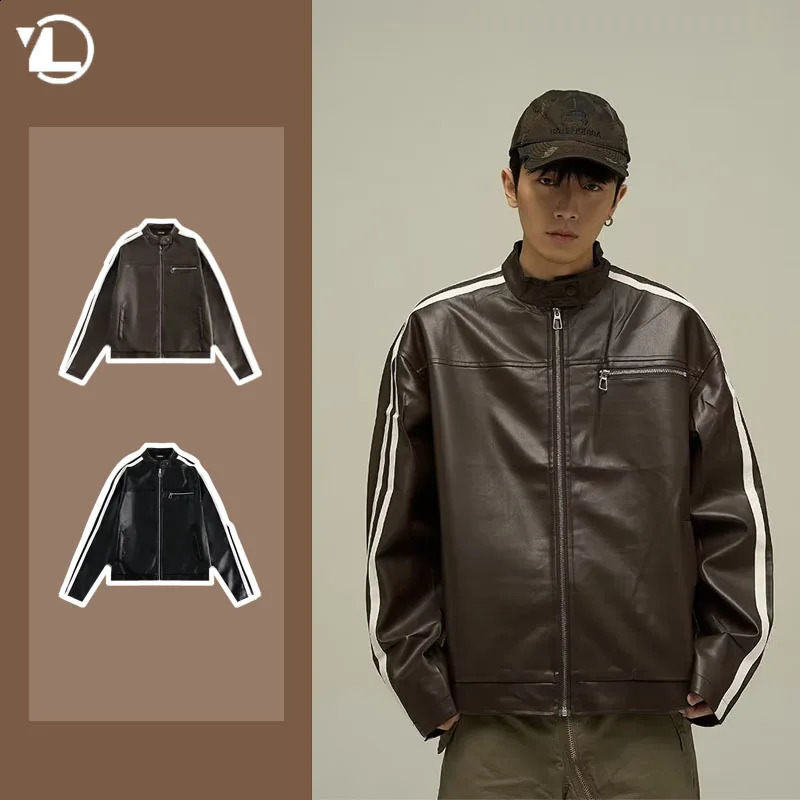 Spring Motorcycle PU Leather Jacket Mens Stripe Punk Bomber Coats Loose Stand Collar Zipper Pocket High Street Outwear Y2K 240826