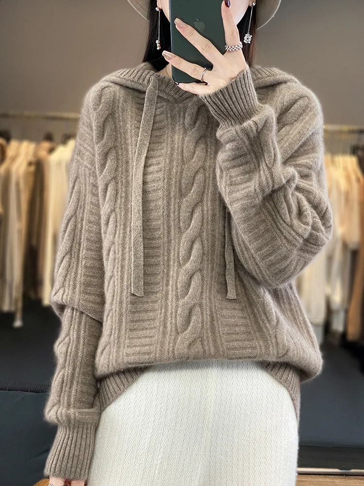 Aliselect High Quality Womens Zipper Winter Soft 100% Merino Wool Sweater Cashmere Hoodie Knitted Top 240826