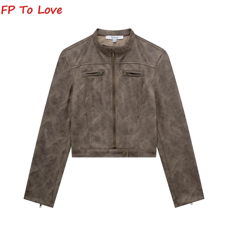 Artificial suede leather bomber jacket retro brown jacket fashionable zipper short suit womens clothing 240824