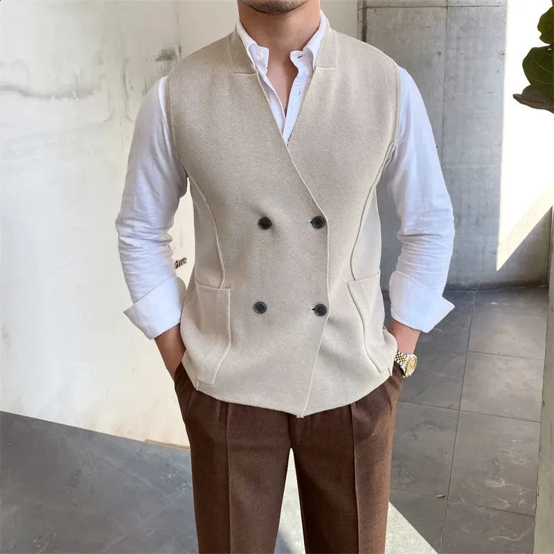 British style mens vest knitted vest mens retro sleeveless jacket mens ultra-thin Gilets double chest autumn winter item 240826