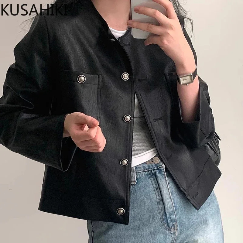 KUSAHIKI Korean Chic Autumn Retro Single Breasted Versatile Casual PU Jacket Long Sleeved Leather Coat for Women 240824