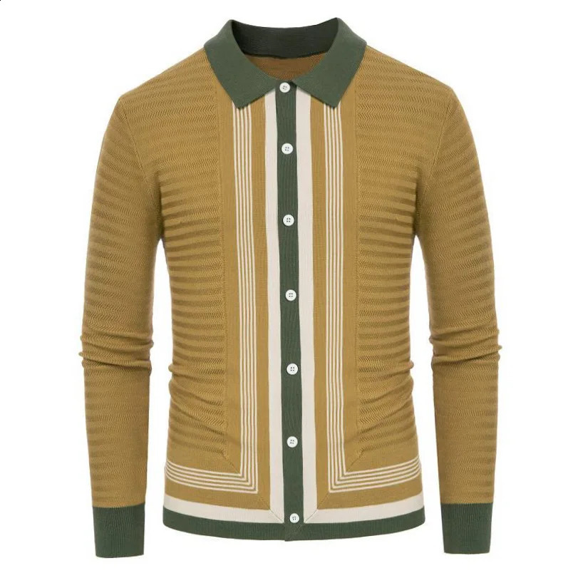 Striped Knitted Polo Shirt Spring and Autumn Mens Long Sleeve Flip Collar Knitted Cold Silk Fabric Business Polo Open Sweater Mens 240824