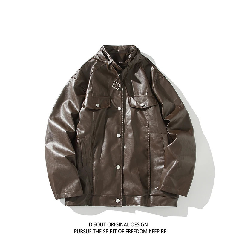 Korean Standing Collar Pu Leather Jacket Autumn Winter Mens Womens Moto Biker Jacket Streetwear Y2K Loose Womens Coat 240826