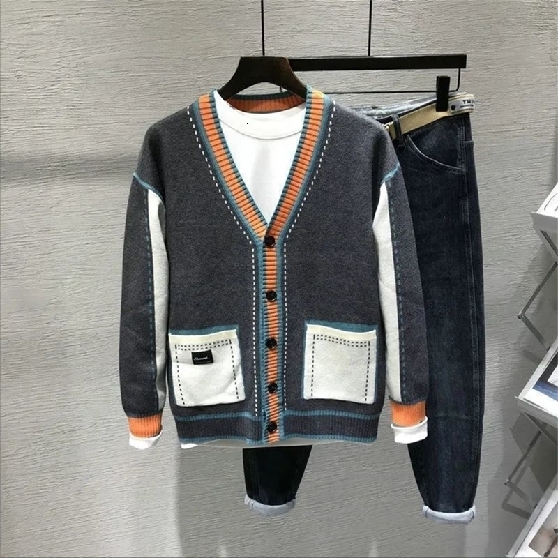 Spring/Summer Mens Knitted Open Fleece Sweater Youth Contrast Color Full Color Korean Edition Coat 240824