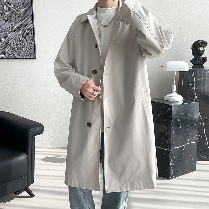 Mens Windbreaker Autumn Hong Kong Style Mid Length Wrinkle Resistant Loose Coats Jacket Korean Coat Men 240826