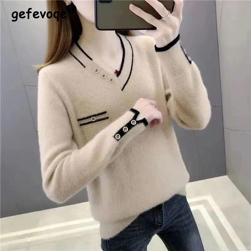 Autumn Winter Womens Korean Fashion Plush Thick Chic Knitted Sweater Casual V Neck Long Sleeve Loose Pullover Tops Jumpers 240826
