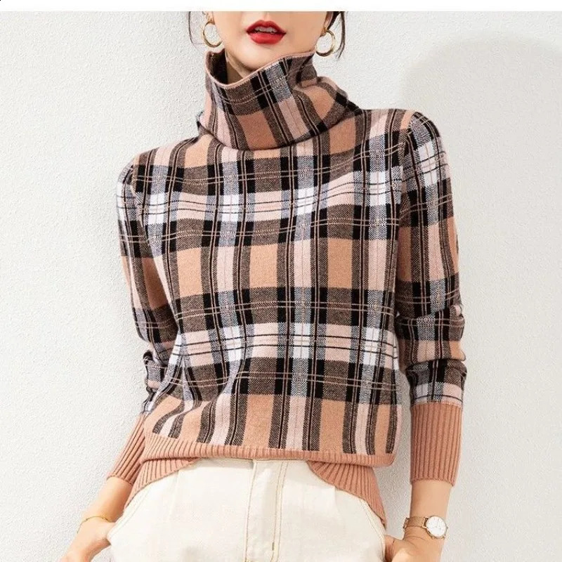 Womens striped plain knit autumn and winter fashion high neck long sleeved spliced work sweater loose office womens top 240826