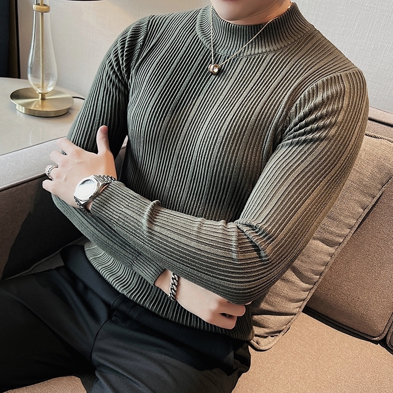 Fashionable ultra-thin slim fit turtle neck knitted sweater mens ultra-thin slim fit clothing autumn casual striped pull-out fully matched warm top