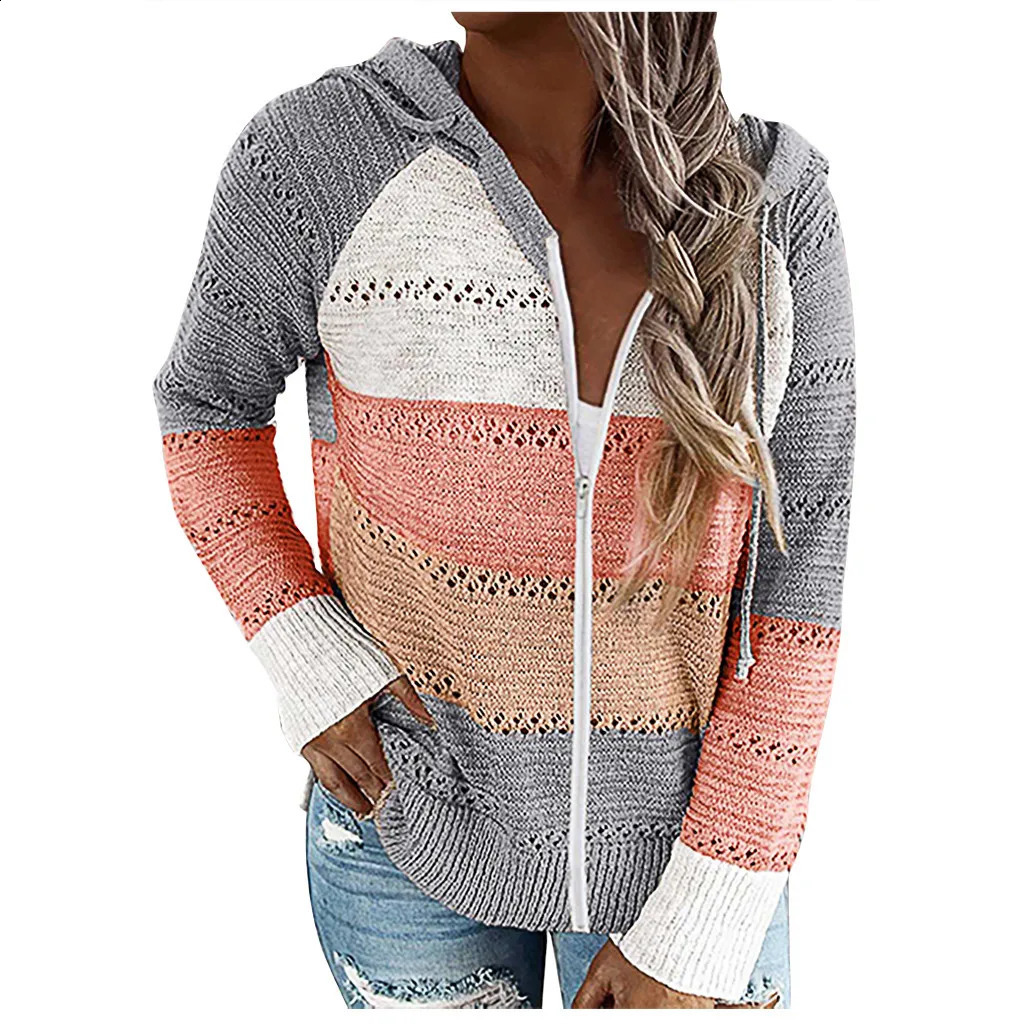 Veste de cardigan à rayures à rayures à rayures Automne épissage décontracté Travail à manches longues Pull à capuche Cardigan Veste à glissière