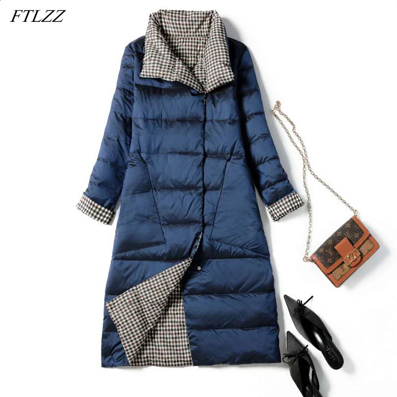 FTLZZ Autumn Winter Women Double Sided Ultra Light Long Down Coat 90 White Duck Parkas Warm Snow Plaid Outwear 240824