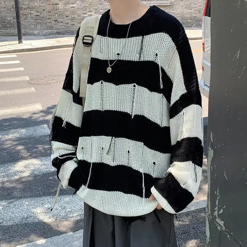 Kong Leng hommes rayé cheveux longs manteau hommes tissu tricoté extensible pull tiré et cassé printemps pull tricoté 2024 A247 240826