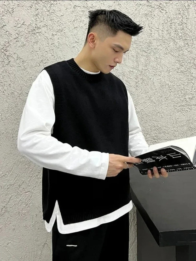 Round neck mens clothing waistband business sleeveless black vest Crewneck knitted sweater mens old Japanese Harajuku fashion X 240826