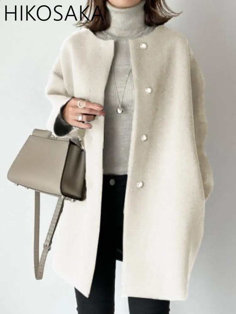 Japan Style Office Lady Elegant Solid Wool Coats Loose Casual Covered Button Jacket Autumn Winter All-match Blends Outwear 240826
