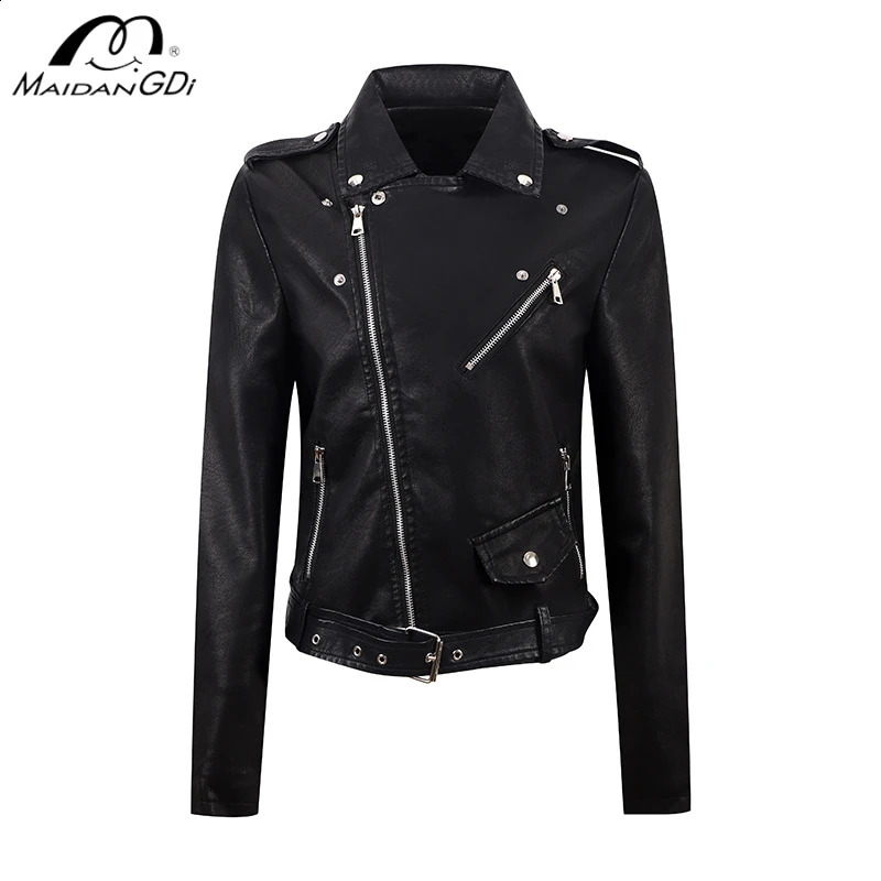MAIDANGDI Women leather jacket women coat short autumn and winter PU diagonal pull slim fitting water wheel leather jacket Y2K 240824