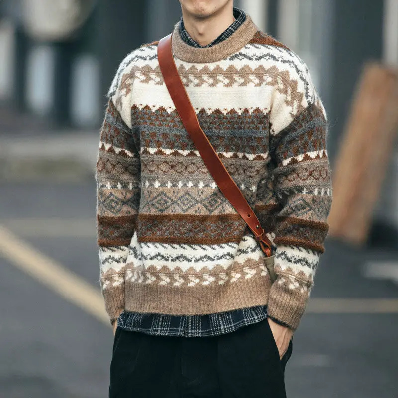 Fashionable mens knitted sweater in contrasting colors loose floral round neck comfortable Harajuku long sleeved mens autumn X83 240824