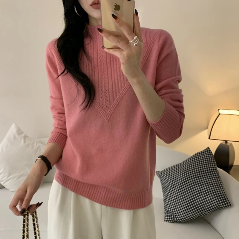 DjzDsm Womens Half Turtleneck 100% Merino Wool Fashion Striped Soft Pullover Womens Solid Color Top For Autumn/Winter 240826