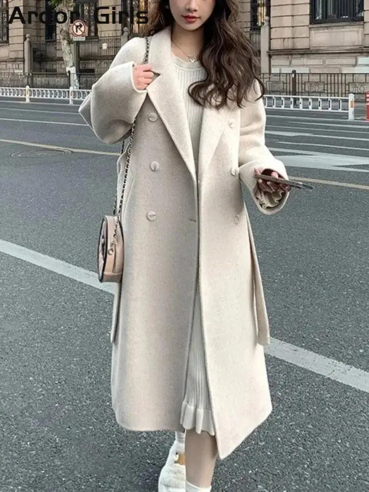 Belt Faux Woolen Coat Women Full Sleeve Double Breasted Notched Female Long Jacket Autumn Fashion Loose Causal Lady Outwear 240826