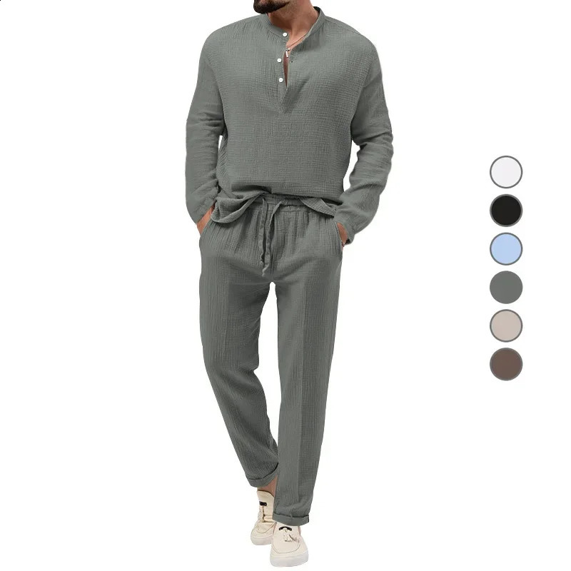 Autumn solid color casual suit mens long sleeved shirtmens 2-piece loose mens sportswear casual streetwear 240826