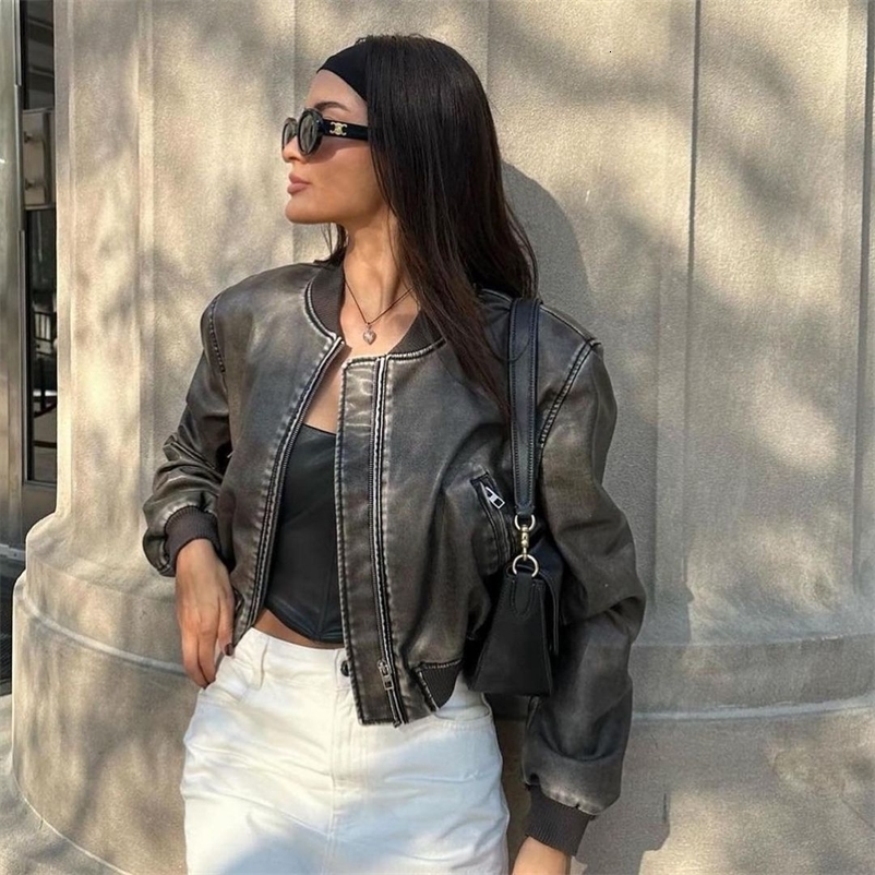 RARF Womens Washed Leather Loose Jacket Retro Standing Collar Gradient Zipper Short Coat Spring Womens Motorcycle Style Coat 240824