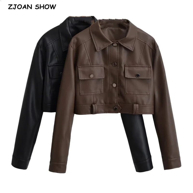 Safari Crop PU Leather Jacket American Retro Full Sleeve Single-breasted Buttons Coat Short Outwear Brown Black 240824