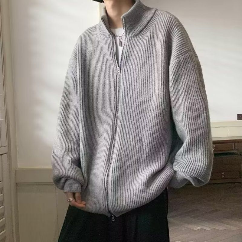 HOUZHOU Y2K Knitted Open Knitted Sweater Mens Blue Long Sleeve Jumper Jacket Turtle Neck Patch Work Zipper Jacket Mens Korean Clothing 240824