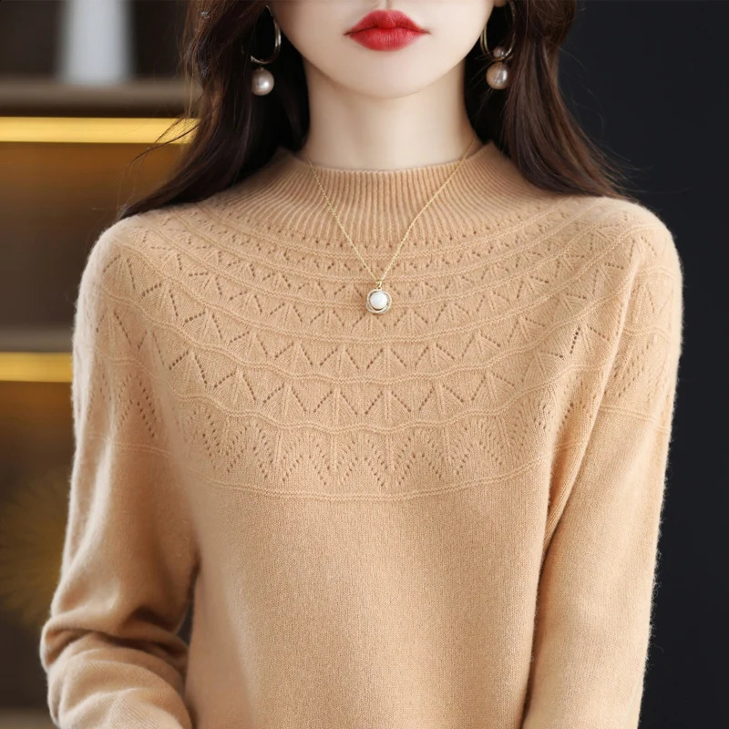 100% pure wool single thread wearable hollow womens zipper semi high neck cashmere sweater solid color 240826
