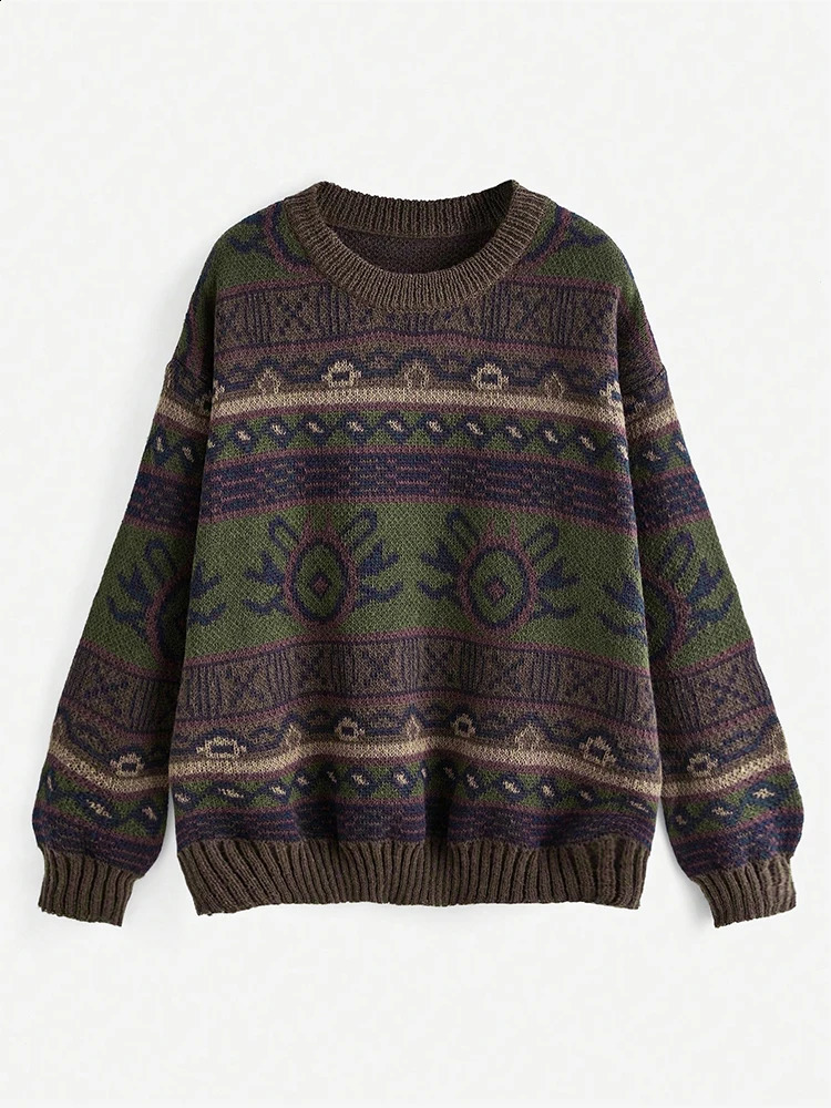 2024 Automne / hiver rétro rond Cou Simple Geométrique Modèle Géométrique Tricoted Pull d'épaule 240824