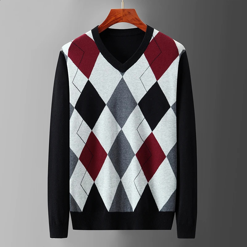 Argyle Plaid Pull Sweater Mens Thin Clothes Fashion Christmas Knitted Pulleys Mens Sweater Autumn Spring Korean Top 240824